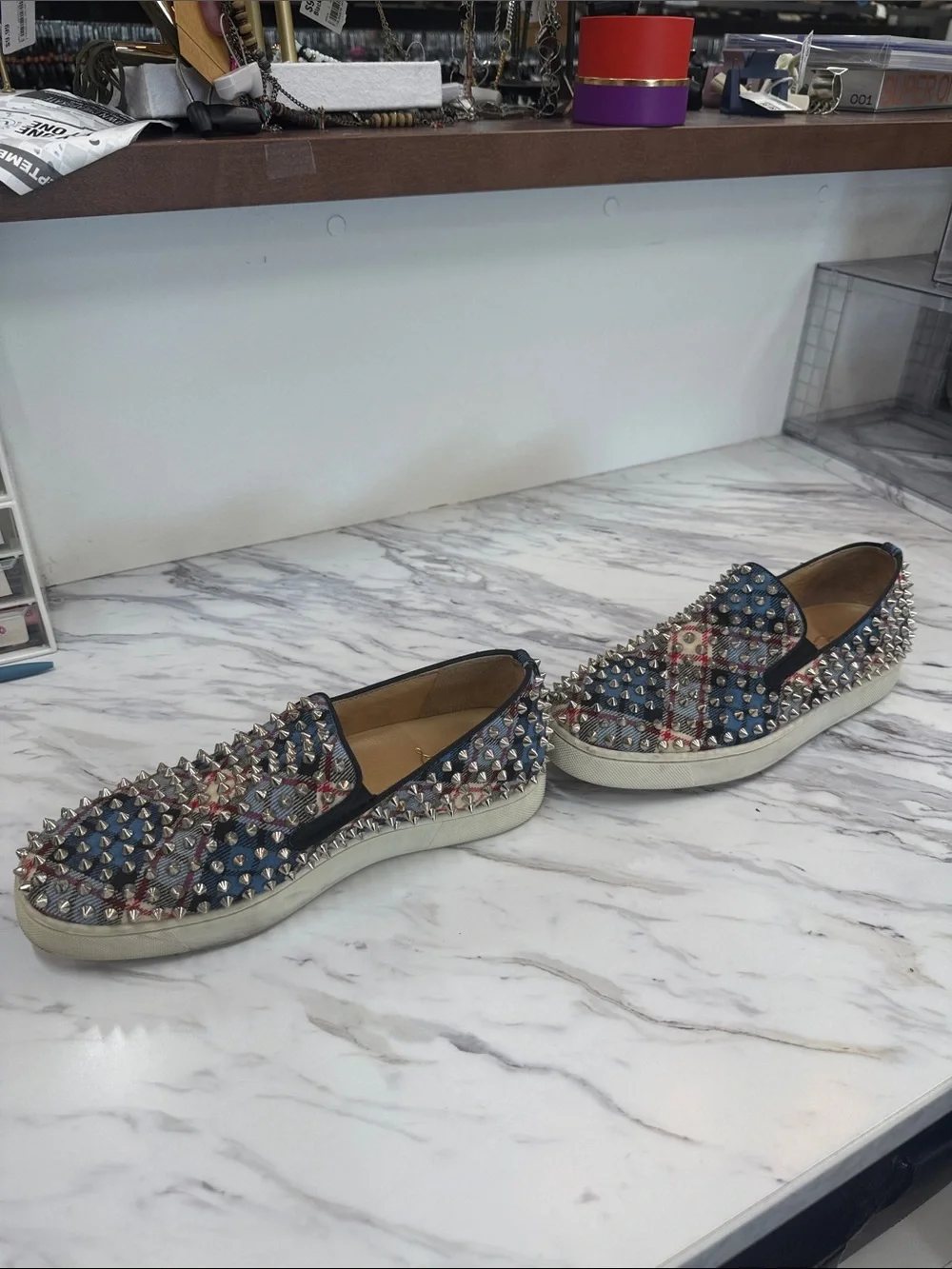 Christian Louboutin Blue Plaid Spike-Embellished Slip-Ons